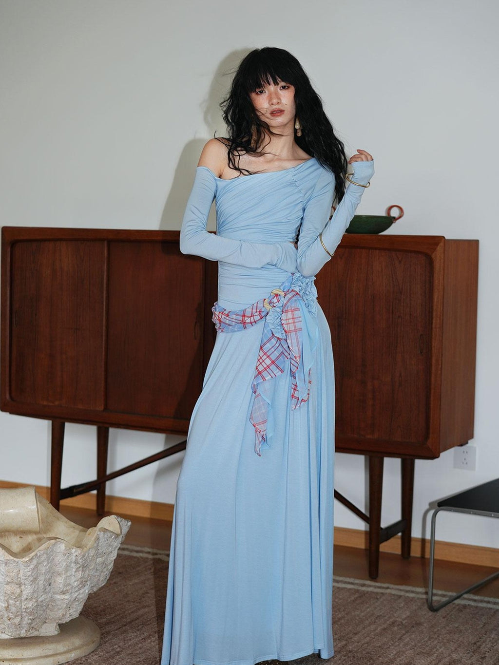 badtaste Western Pleated One Shoulder Removable Knot Women's Lyocell Casual Maxi Dresses