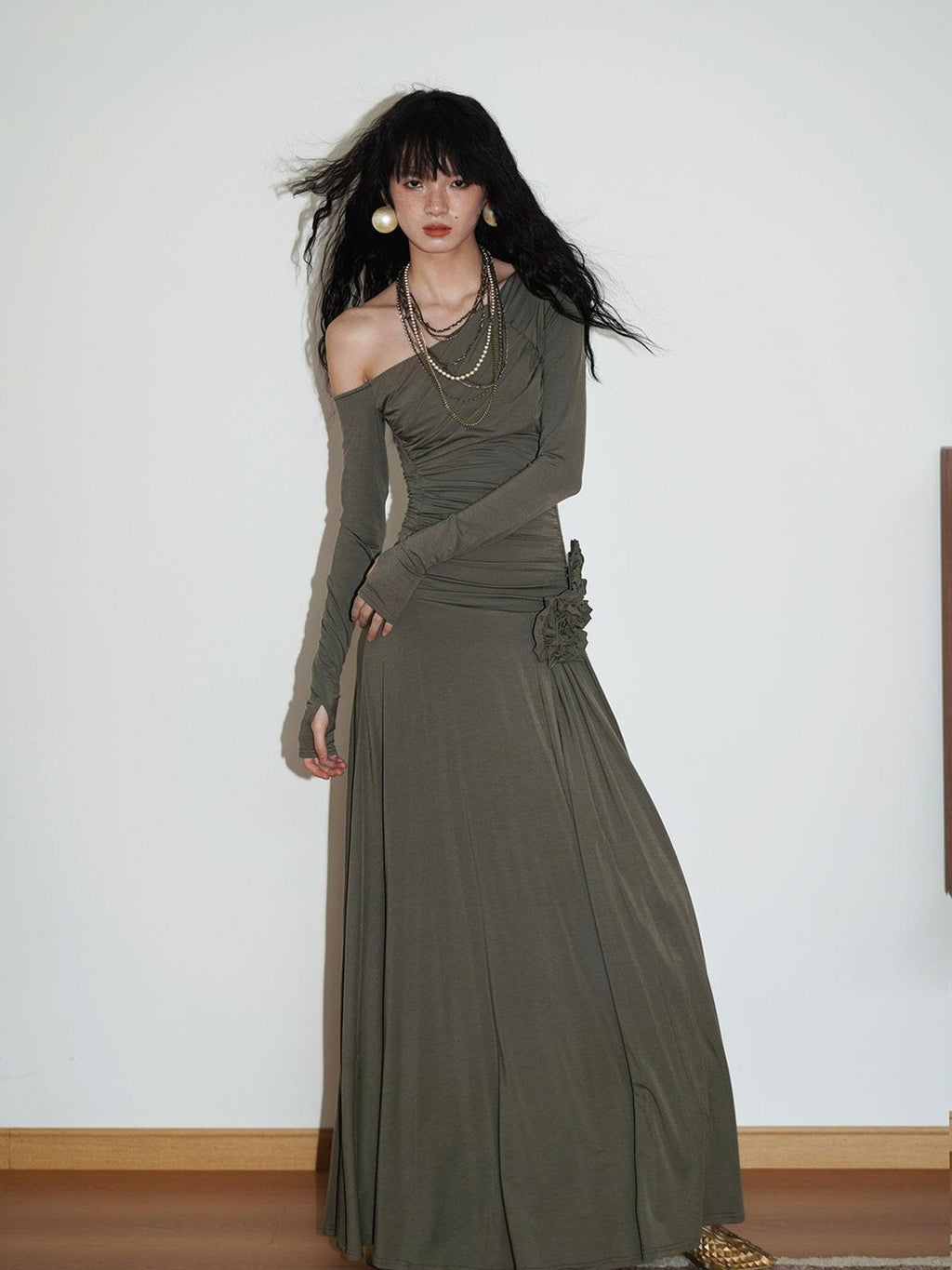 badtaste Western Pleated One Shoulder Removable Knot Women's Lyocell Casual Maxi Dresses