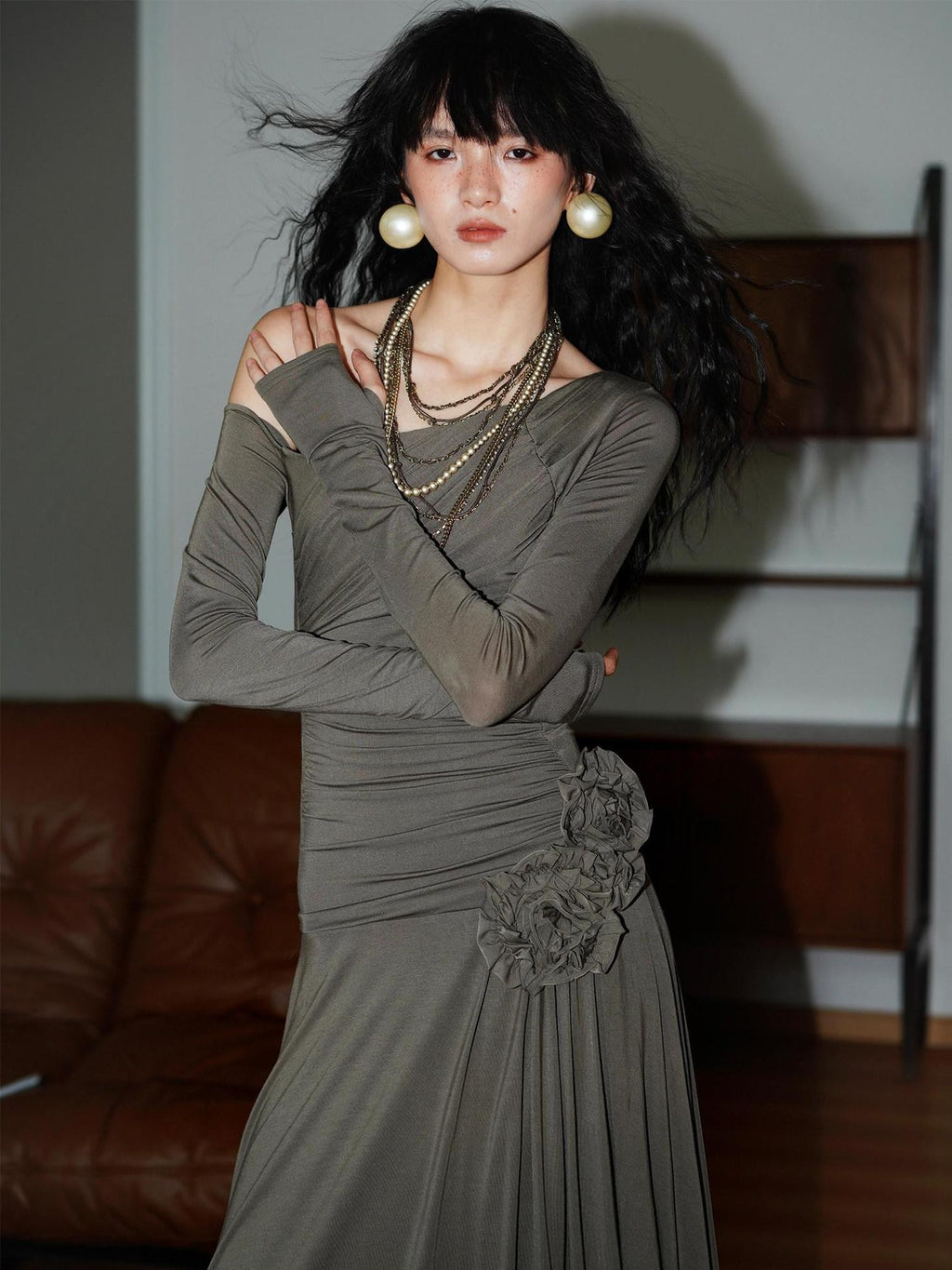 badtaste Western Pleated One Shoulder Removable Knot Women's Lyocell Casual Maxi Dresses