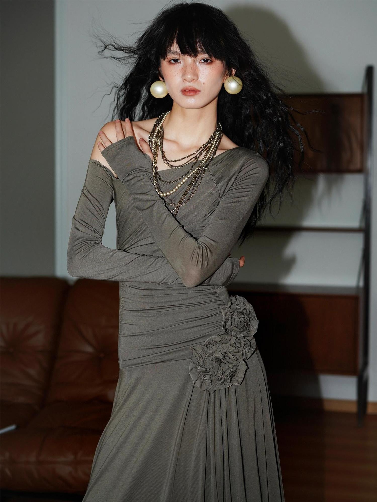 badtaste Western Pleated One Shoulder Removable Knot Women's Lyocell Casual Maxi Dresses