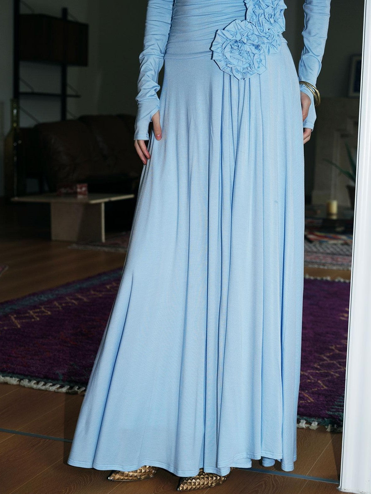 badtaste Western Pleated One Shoulder Removable Knot Women's Lyocell Casual Maxi Dresses