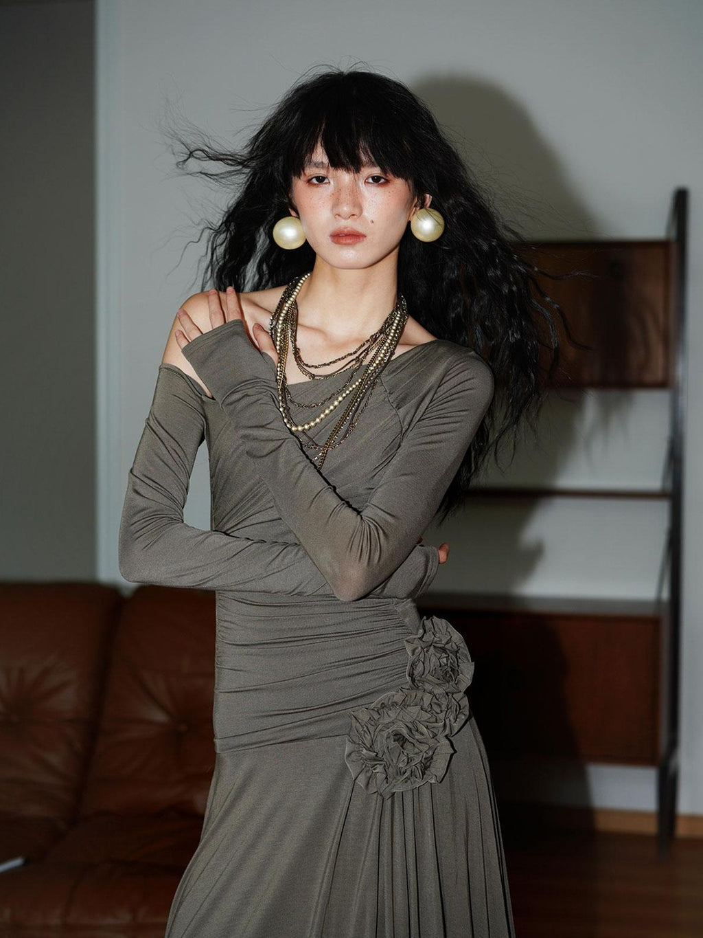 badtaste Western Pleated One Shoulder Removable Knot Women's Lyocell Casual Maxi Dresses