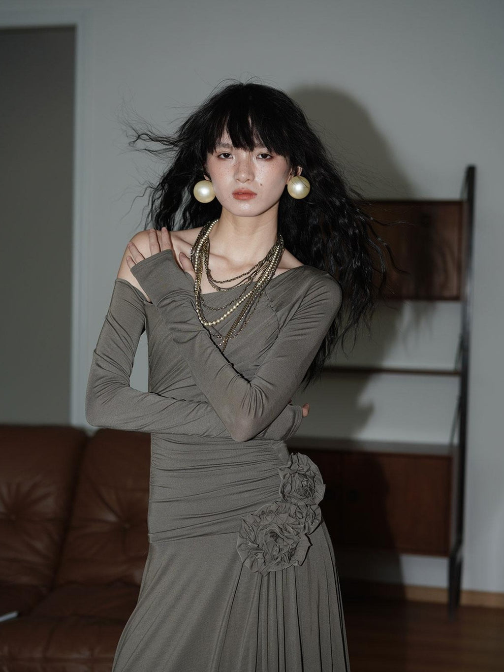 badtaste Western Pleated One Shoulder Removable Knot Women's Lyocell Casual Maxi Dresses