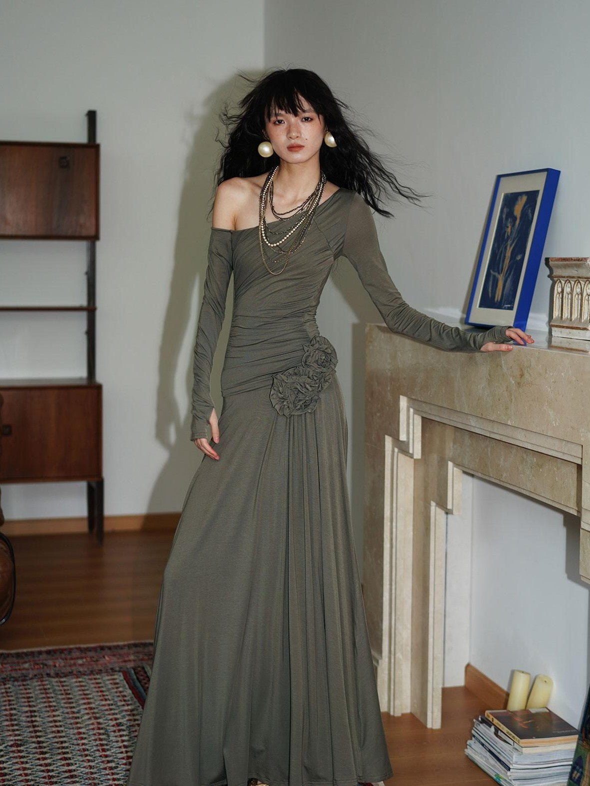 badtaste Western Pleated One Shoulder Removable Knot Women's Lyocell Casual Maxi Dresses