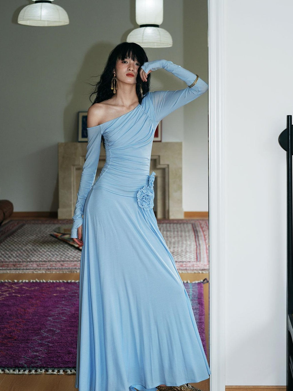 badtaste Western Pleated One Shoulder Removable Knot Women's Lyocell Casual Maxi Dresses