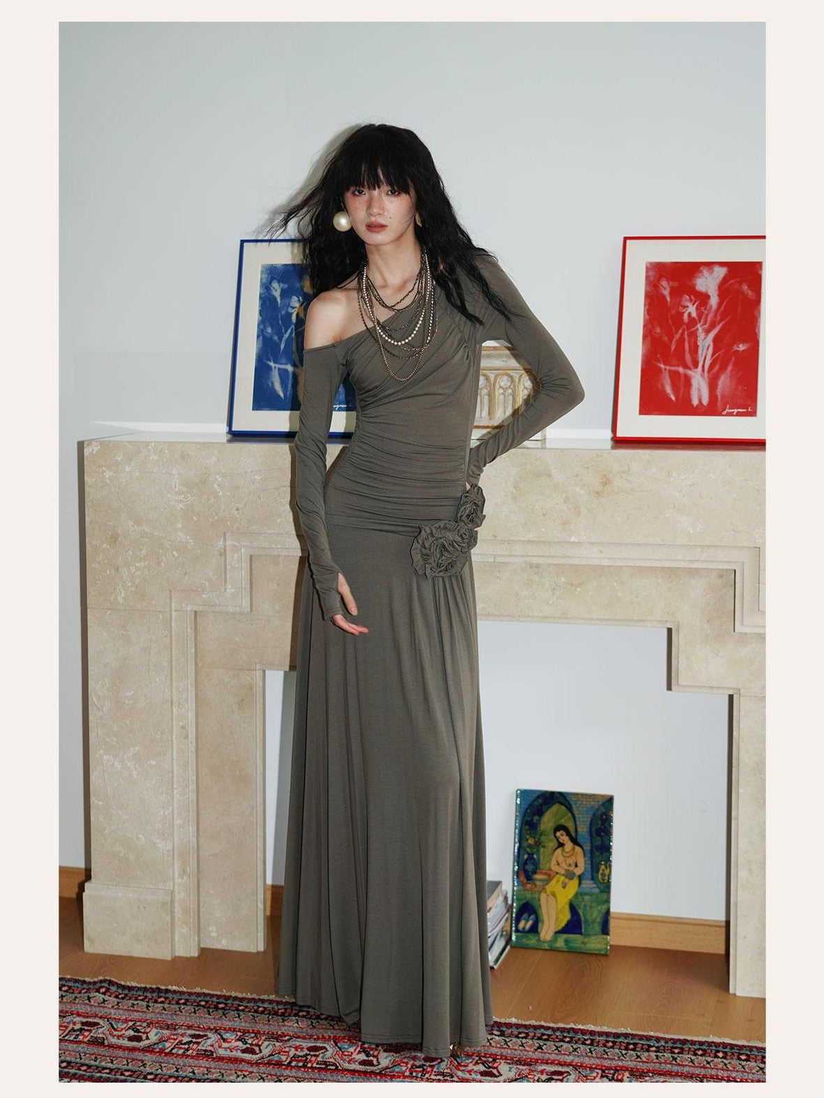 badtaste Western Pleated One Shoulder Removable Knot Women's Lyocell Casual Maxi Dresses