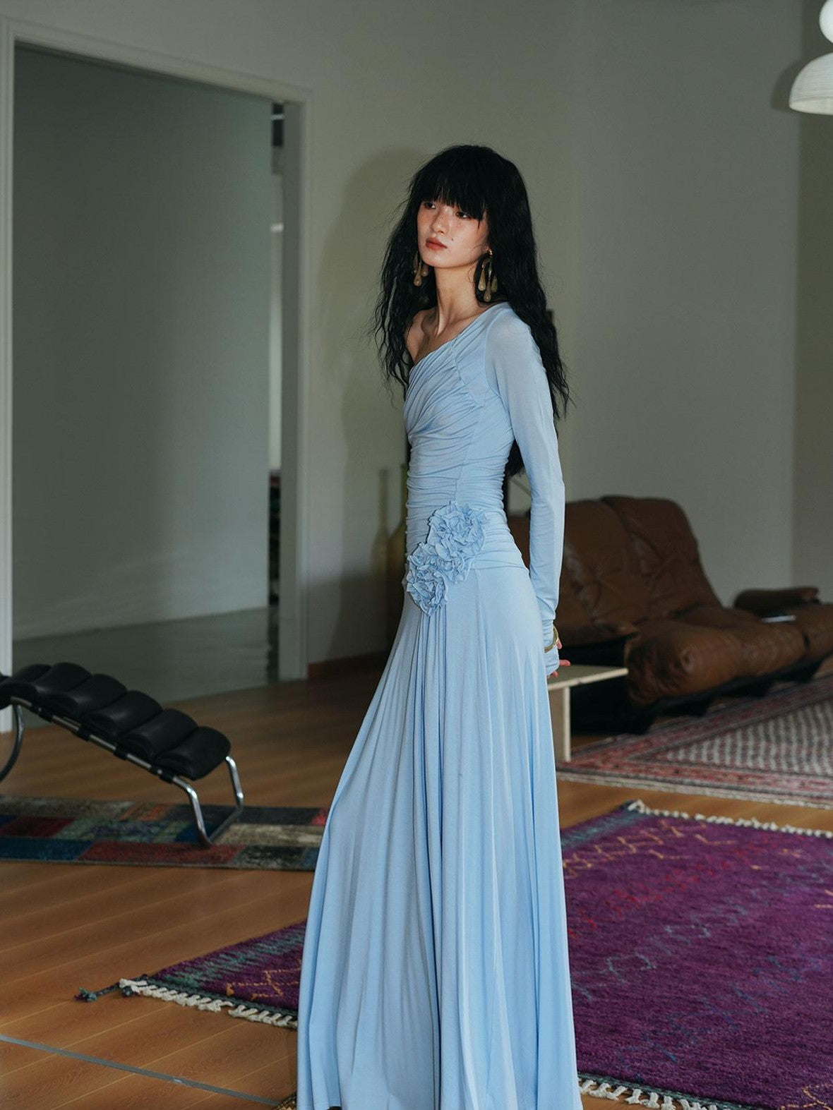 badtaste Western Pleated One Shoulder Removable Knot Women's Lyocell Casual Maxi Dresses