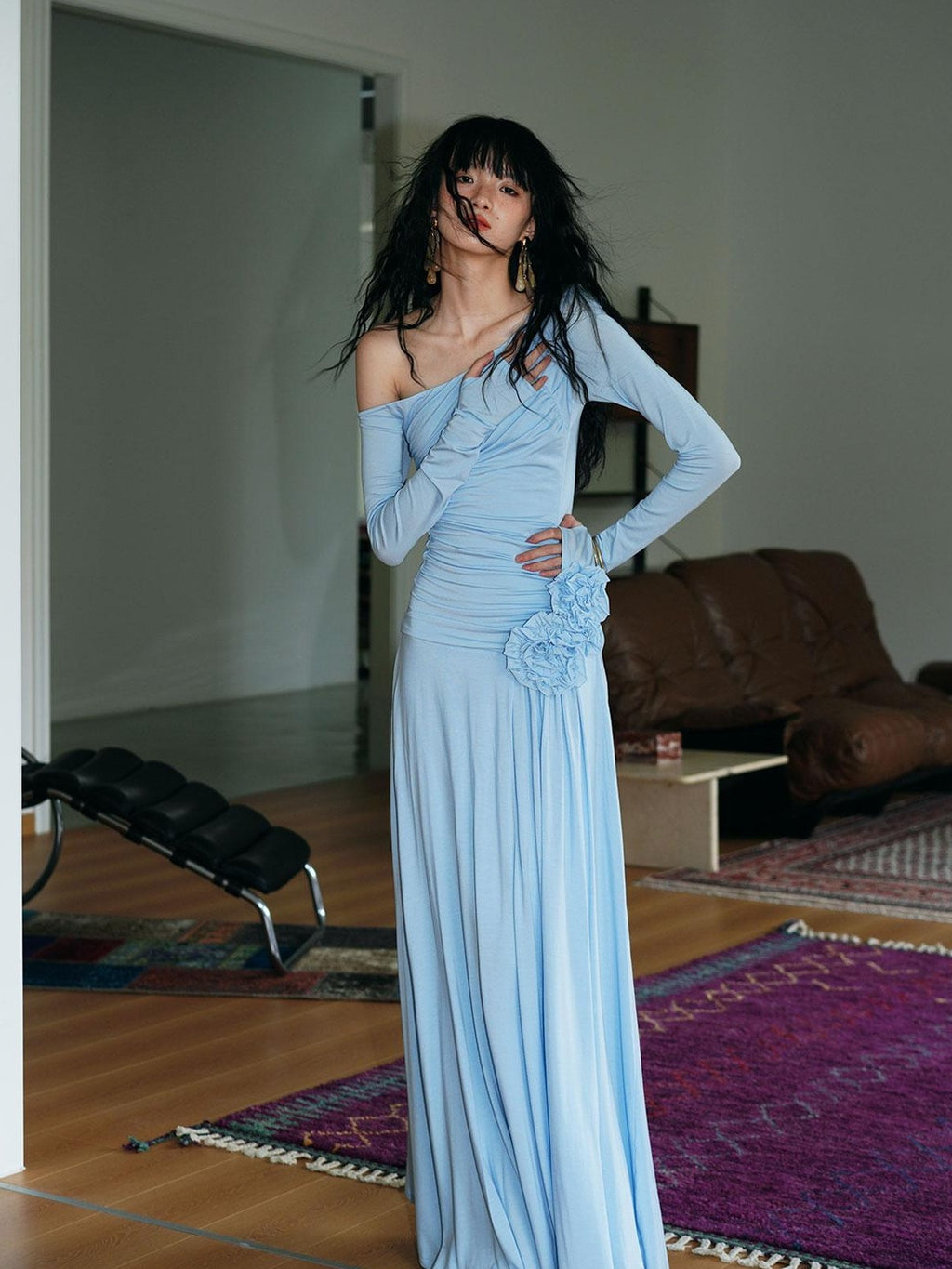 badtaste Western Pleated One Shoulder Removable Knot Women's Lyocell Casual Maxi Dresses