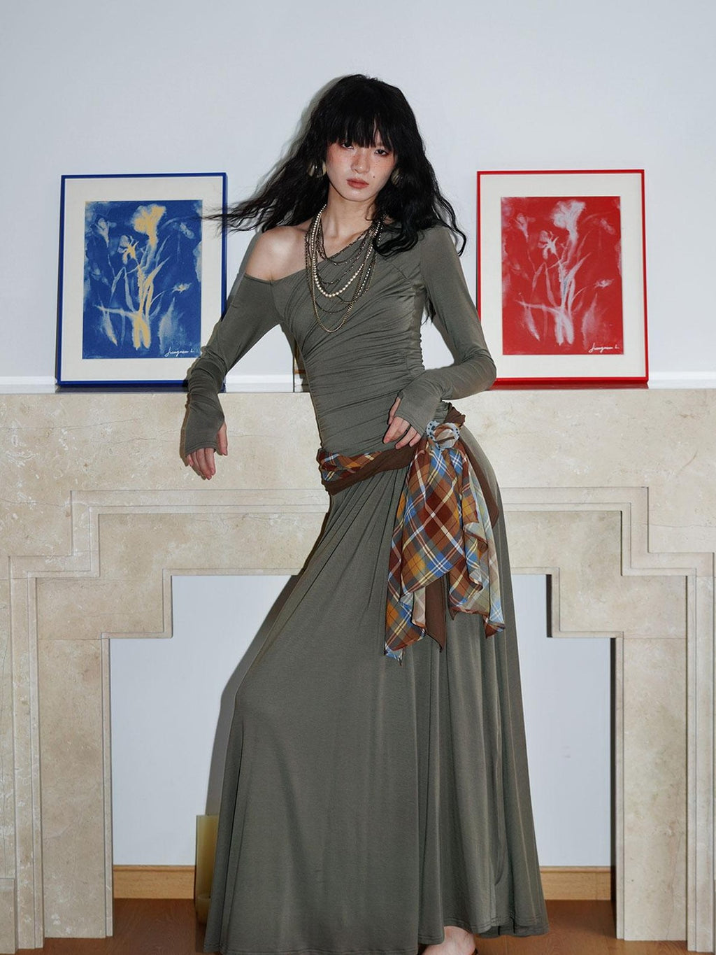 badtaste Western Pleated One Shoulder Removable Knot Women's Lyocell Casual Maxi Dresses