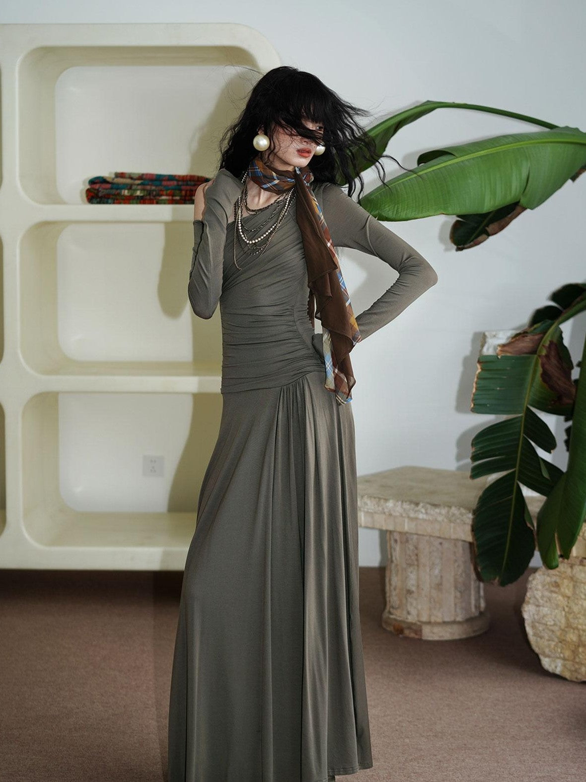 badtaste Western Pleated One Shoulder Removable Knot Women's Lyocell Casual Maxi Dresses