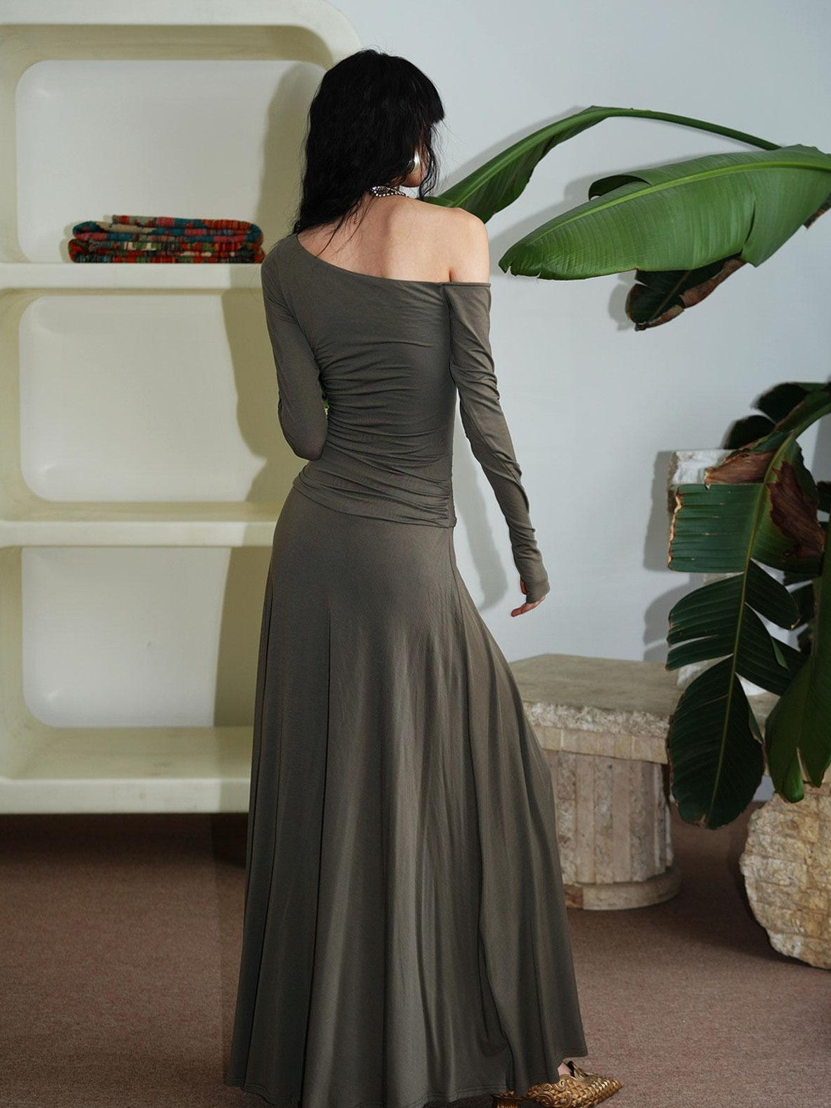 badtaste Western Pleated One Shoulder Removable Knot Women's Lyocell Casual Maxi Dresses