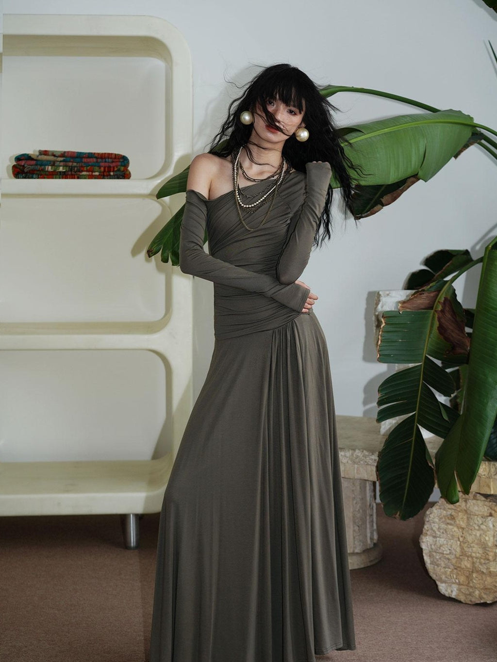 badtaste Western Pleated One Shoulder Removable Knot Women's Lyocell Casual Maxi Dresses