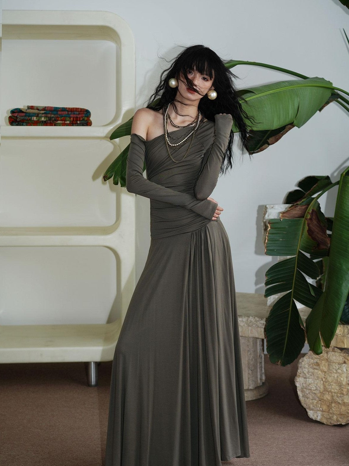 badtaste Western Pleated One Shoulder Removable Knot Women's Lyocell Casual Maxi Dresses