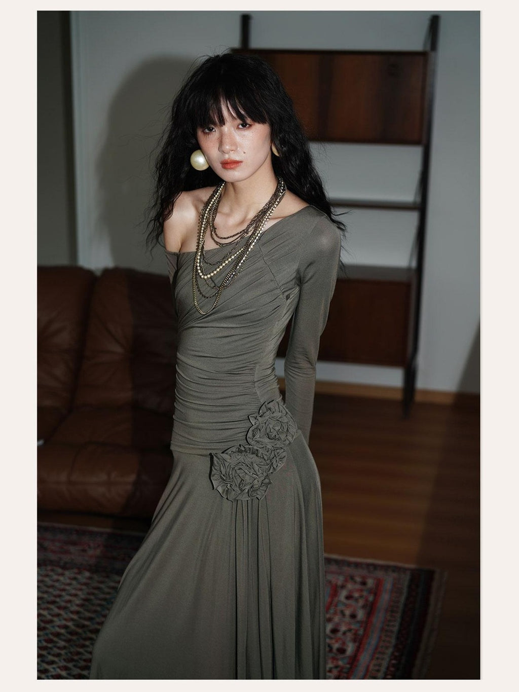 badtaste Western Pleated One Shoulder Removable Knot Women's Lyocell Casual Maxi Dresses