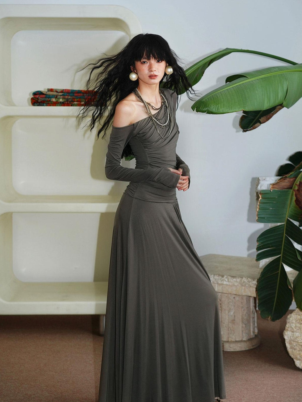 badtaste Western Pleated One Shoulder Removable Knot Women's Lyocell Casual Maxi Dresses