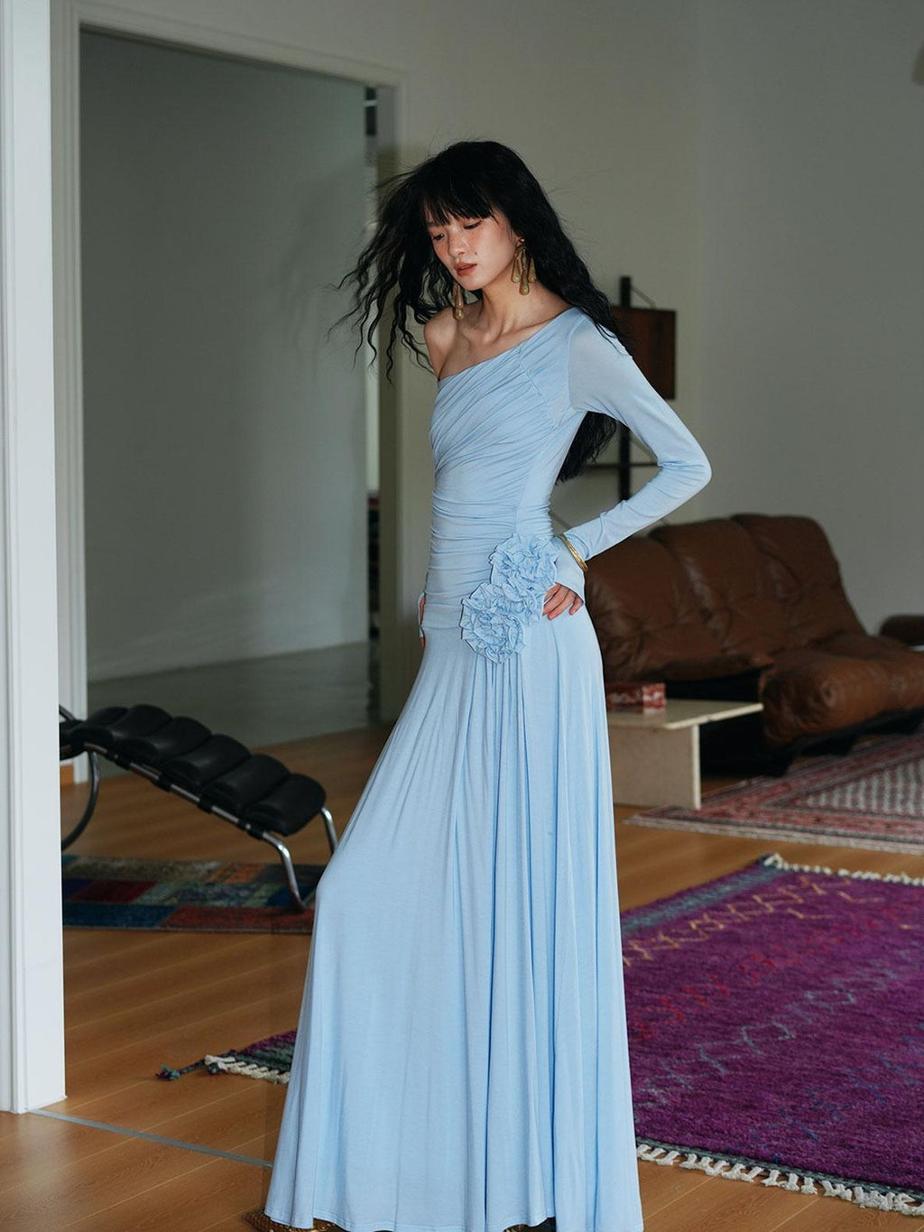 badtaste Western Pleated One Shoulder Removable Knot Women's Lyocell Casual Maxi Dresses