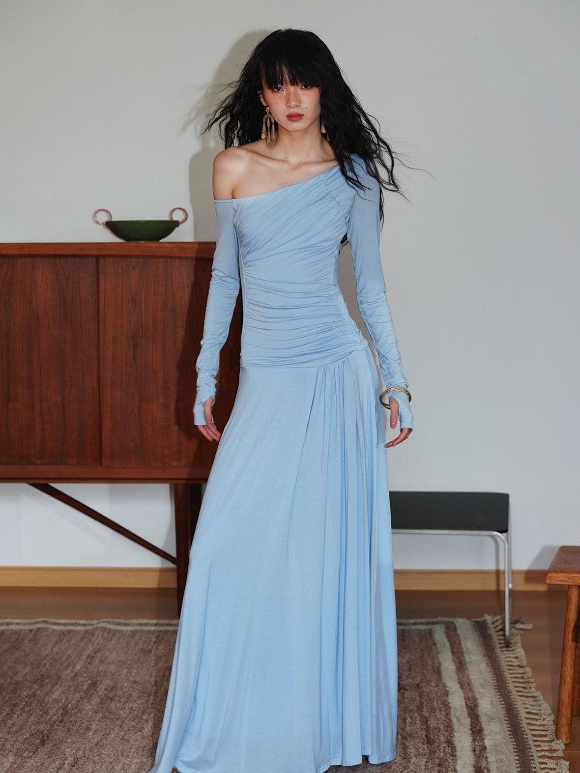 badtaste Western Pleated One Shoulder Removable Knot Women's Lyocell Casual Maxi Dresses