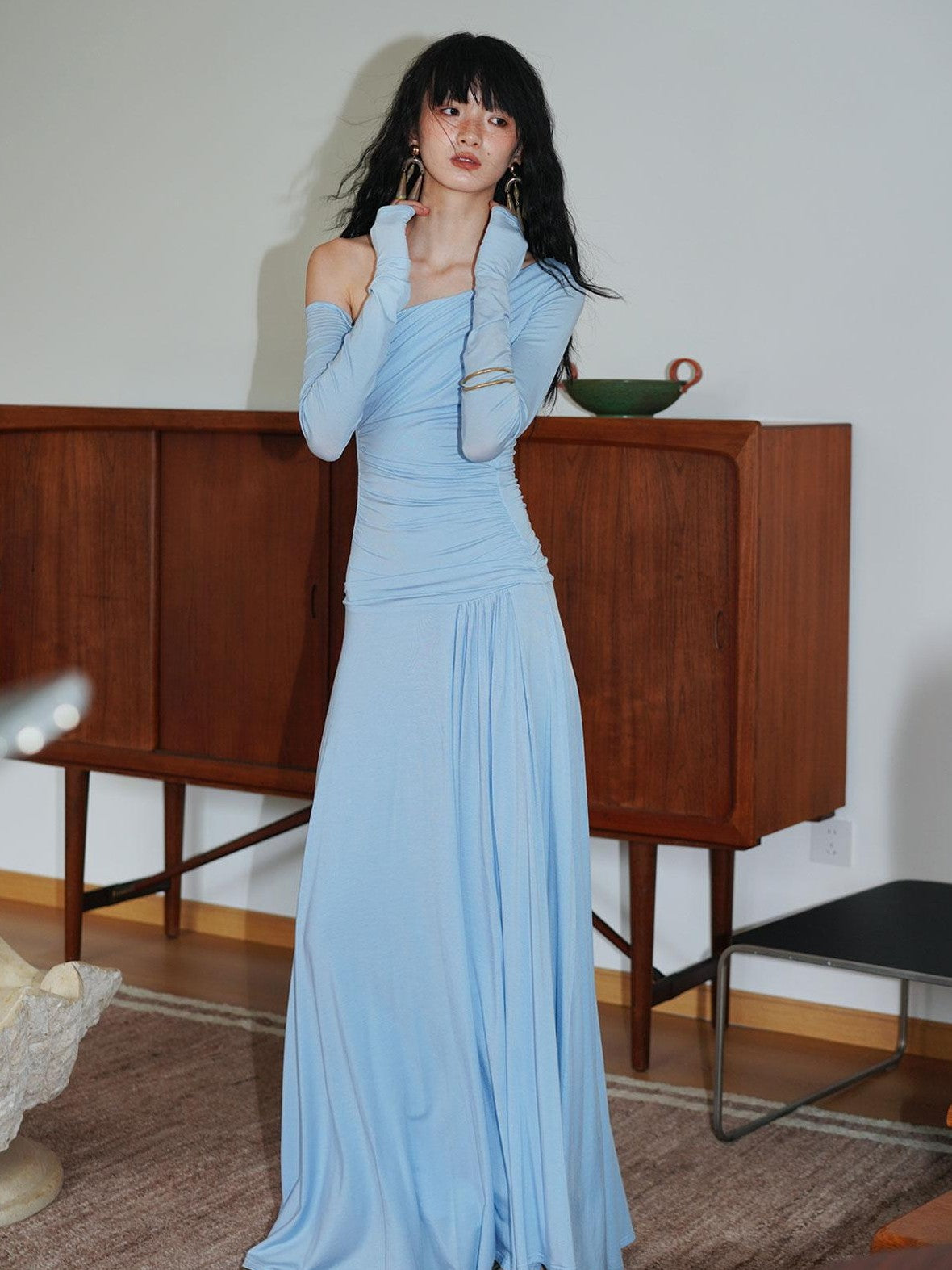 badtaste Western Pleated One Shoulder Removable Knot Women's Lyocell Casual Maxi Dresses