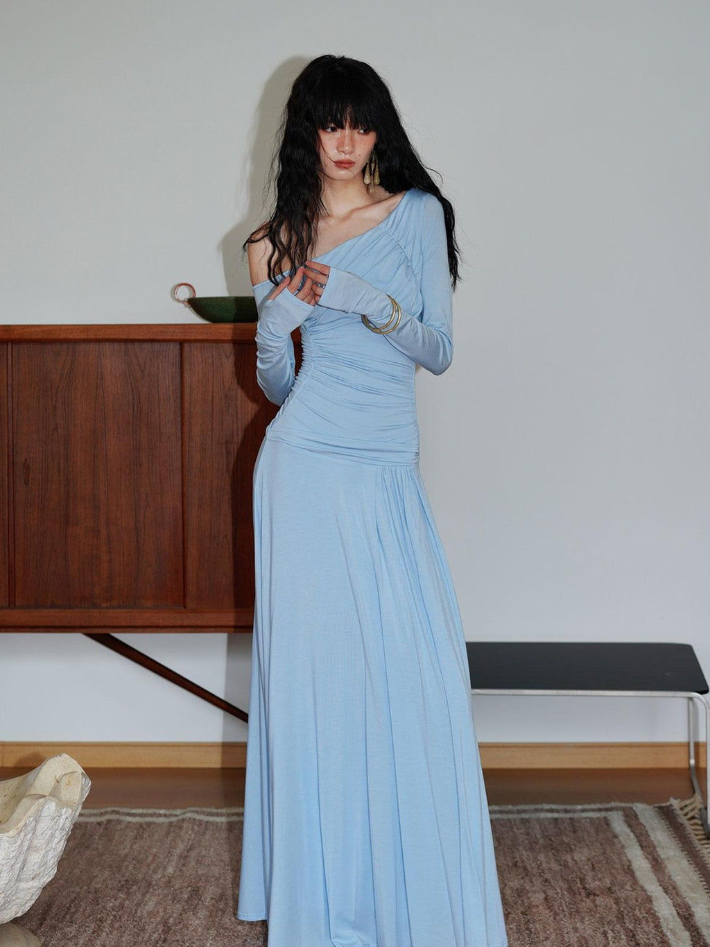 badtaste Western Pleated One Shoulder Removable Knot Women's Lyocell Casual Maxi Dresses