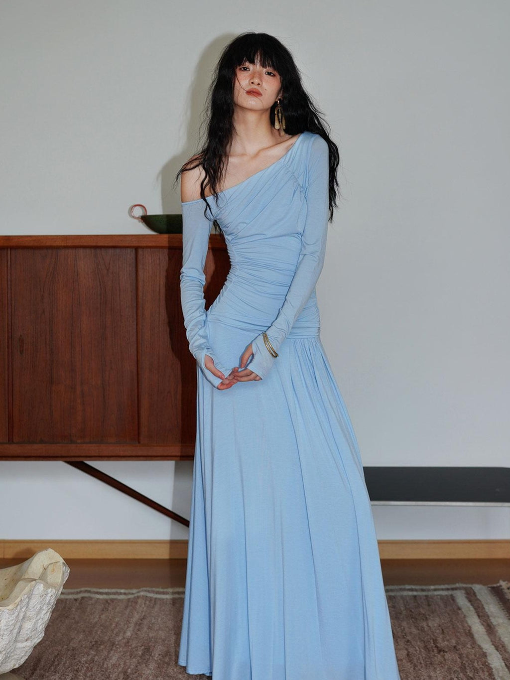 badtaste Western Pleated One Shoulder Removable Knot Women's Lyocell Casual Maxi Dresses
