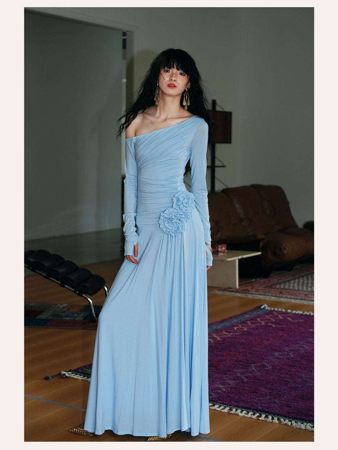 badtaste Western Pleated One Shoulder Removable Knot Women's Lyocell Casual Maxi Dresses