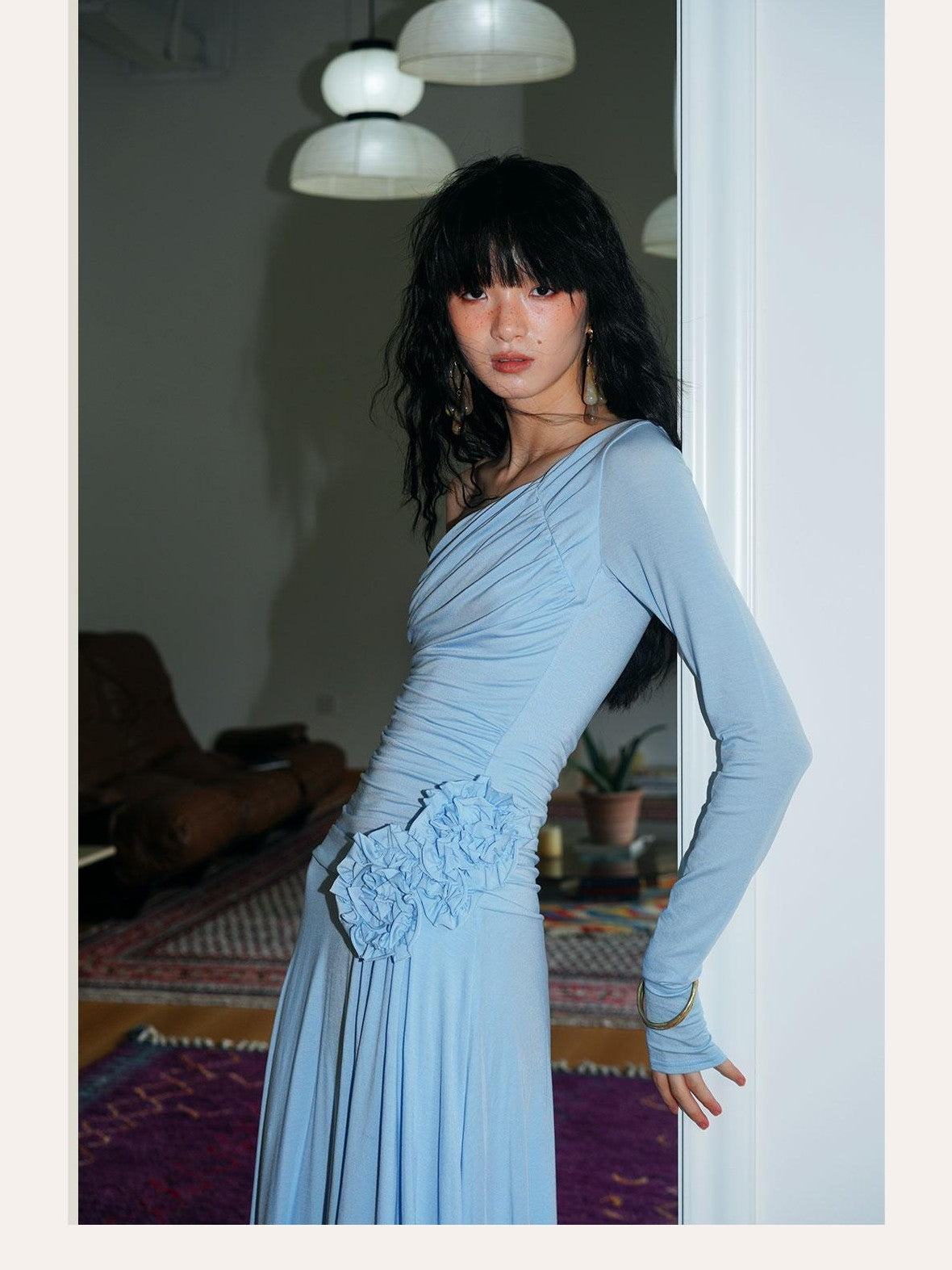 badtaste Western Pleated One Shoulder Removable Knot Women's Lyocell Casual Maxi Dresses