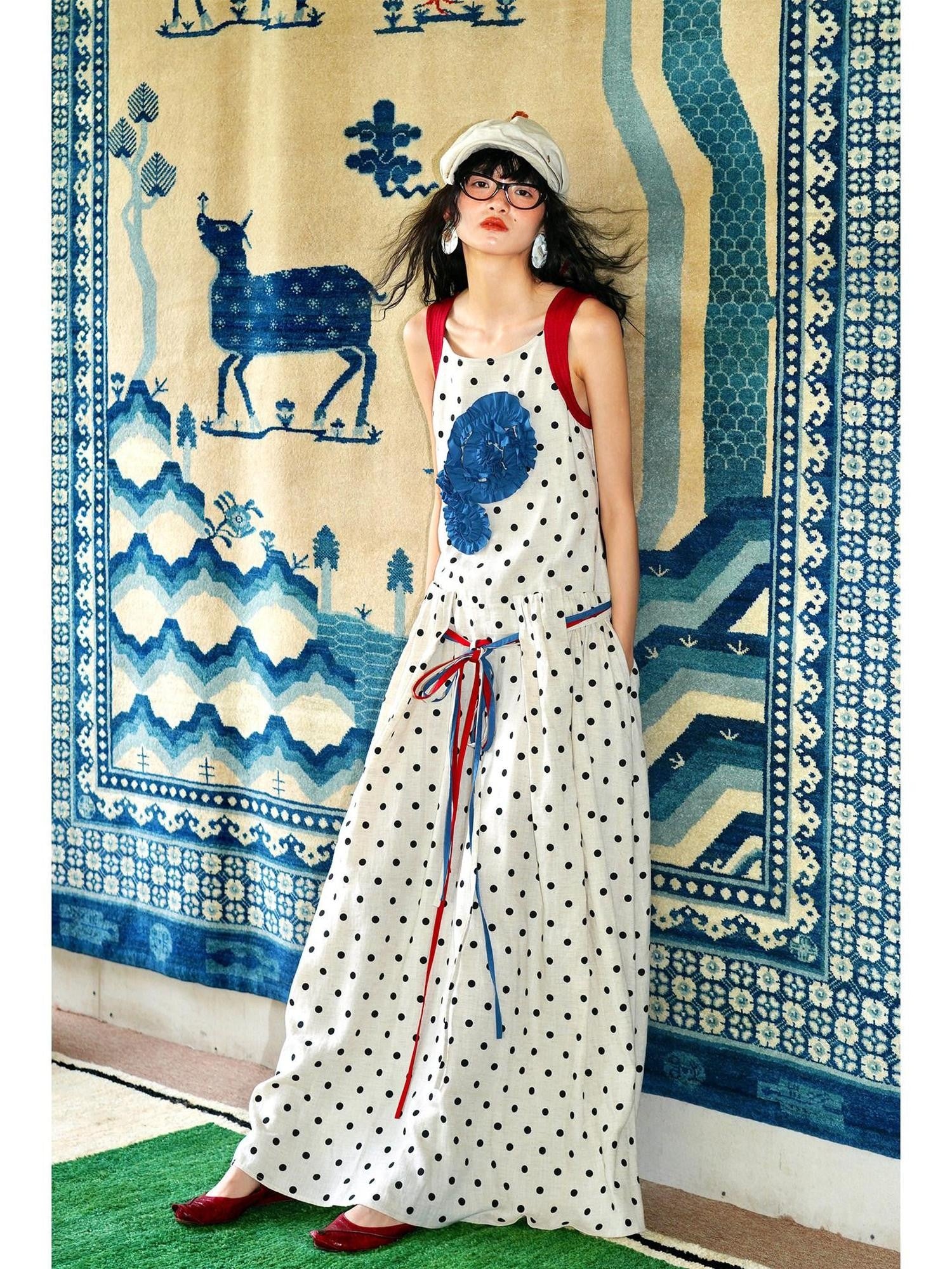 badtaste Western Polka Dot 3d Rosette Women's Linen Slip Maxi Dresses