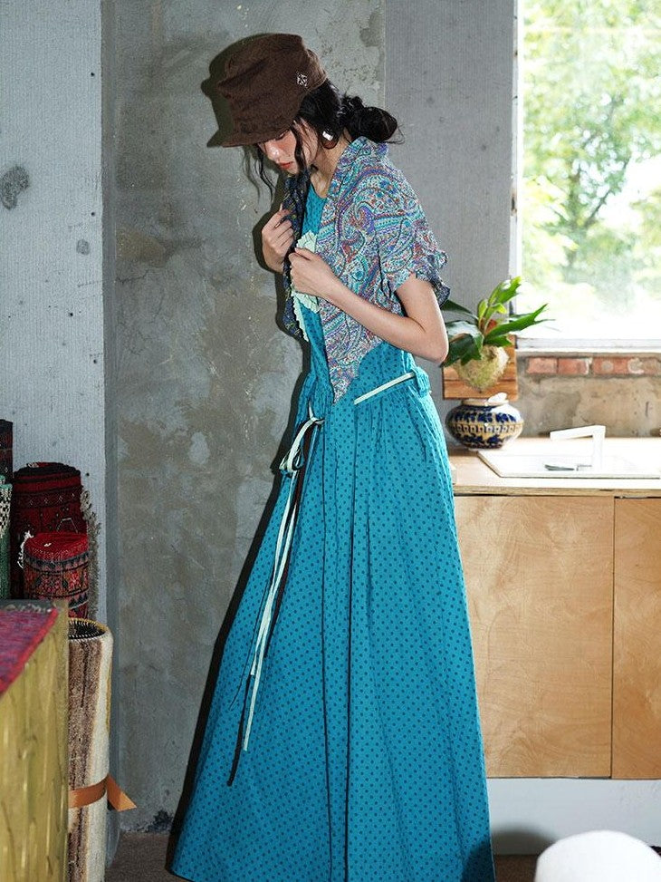 badtaste Western Polka Dot 3d Rosette Women's Linen Slip Maxi Dresses