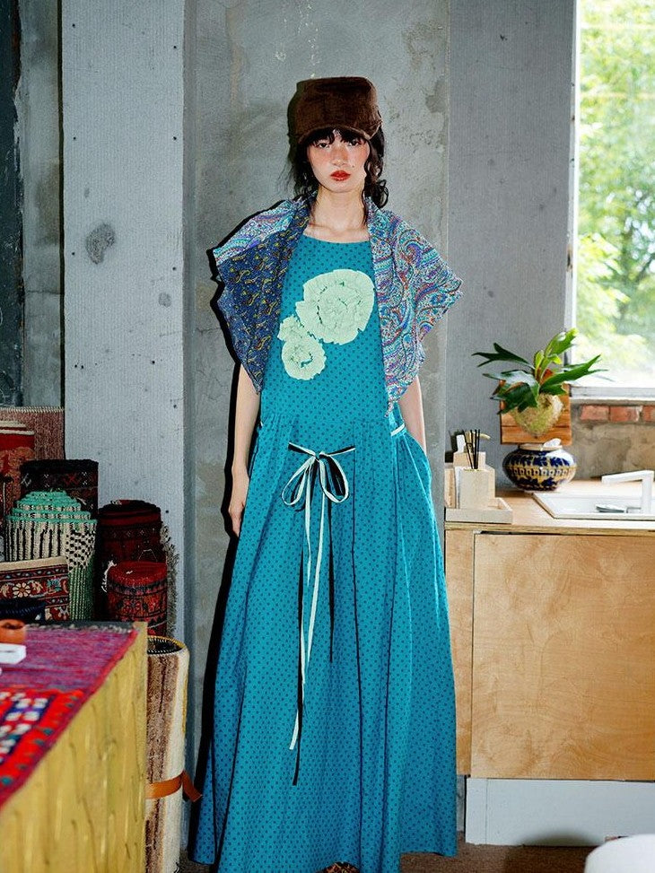 badtaste Western Polka Dot 3d Rosette Women's Linen Slip Maxi Dresses