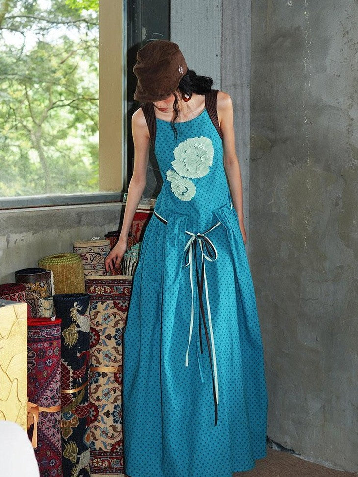 badtaste Western Polka Dot 3d Rosette Women's Linen Slip Maxi Dresses