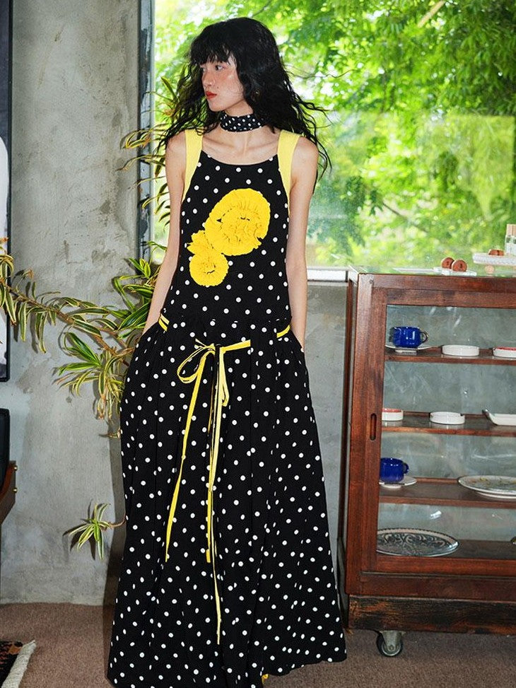 badtaste Western Polka Dot 3d Rosette Women's Linen Slip Maxi Dresses