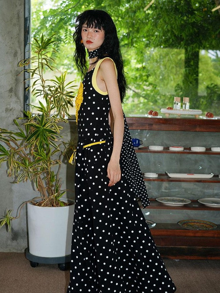 badtaste Western Polka Dot 3d Rosette Women's Linen Slip Maxi Dresses