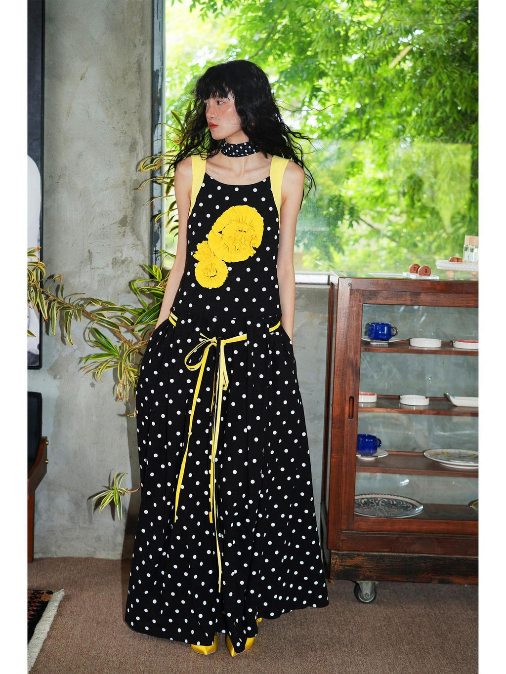 badtaste Western Polka Dot 3d Rosette Women's Linen Slip Maxi Dresses