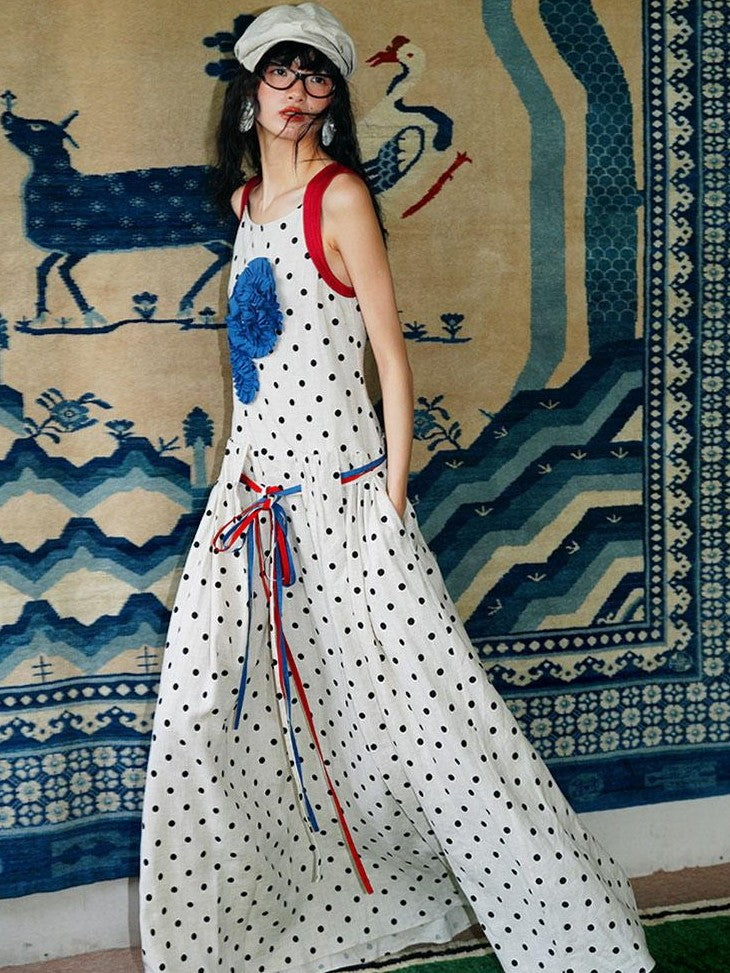 badtaste Western Polka Dot 3d Rosette Women's Linen Slip Maxi Dresses