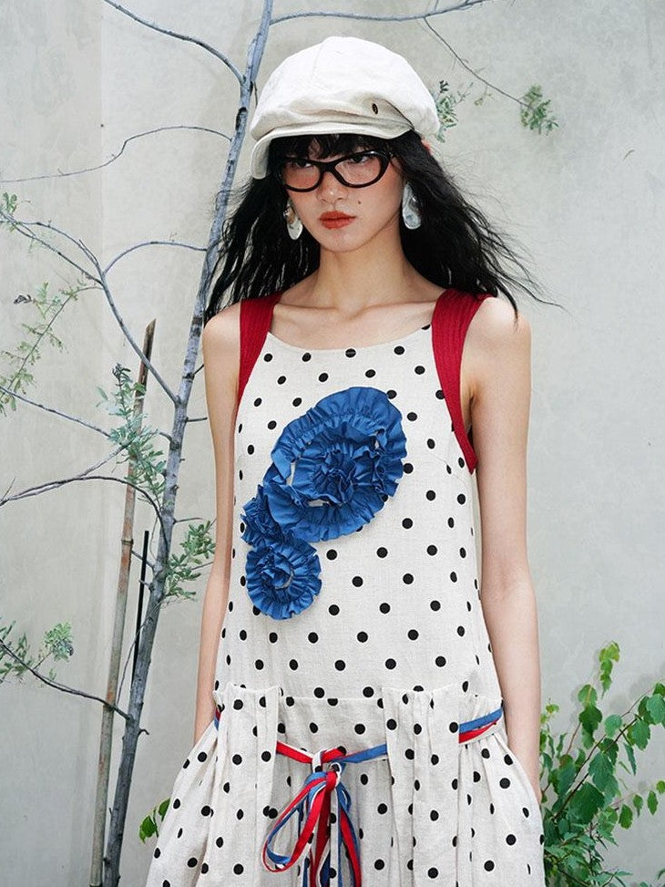 badtaste Western Polka Dot 3d Rosette Women's Linen Slip Maxi Dresses