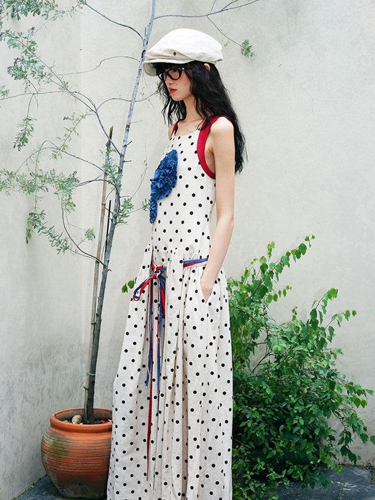 badtaste Western Polka Dot 3d Rosette Women's Linen Slip Maxi Dresses