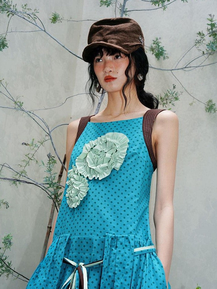 badtaste Western Polka Dot 3d Rosette Women's Linen Slip Maxi Dresses