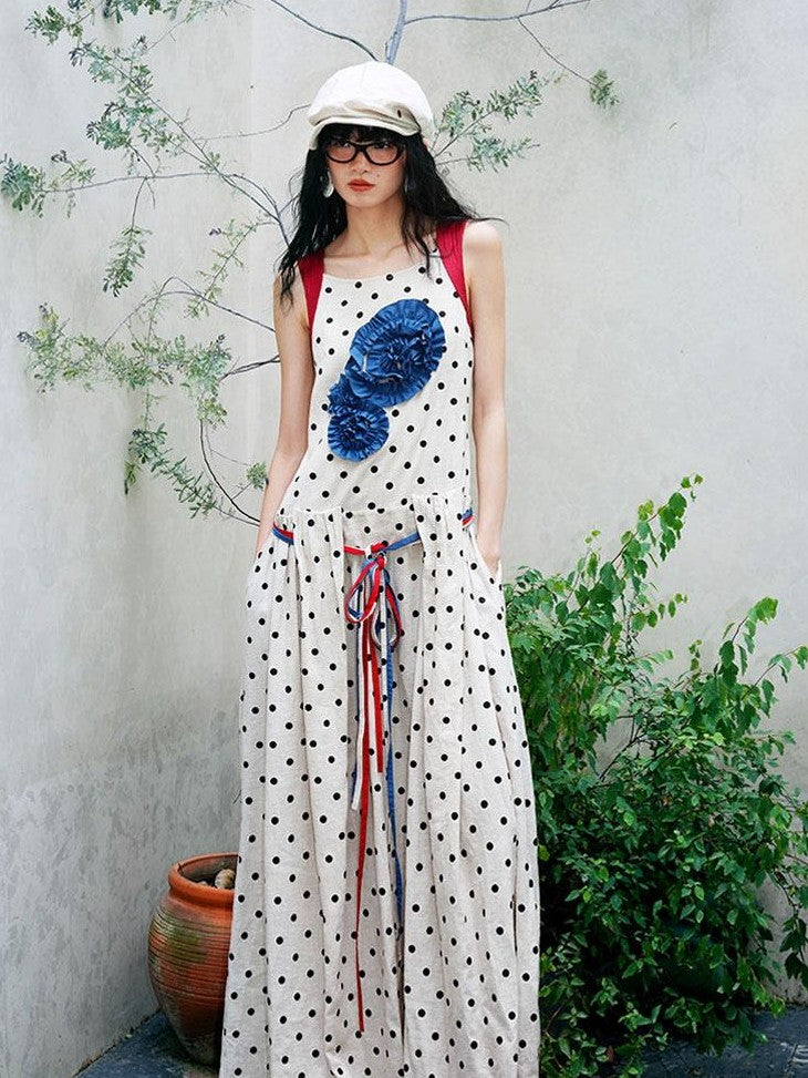 badtaste Western Polka Dot 3d Rosette Women's Linen Slip Maxi Dresses
