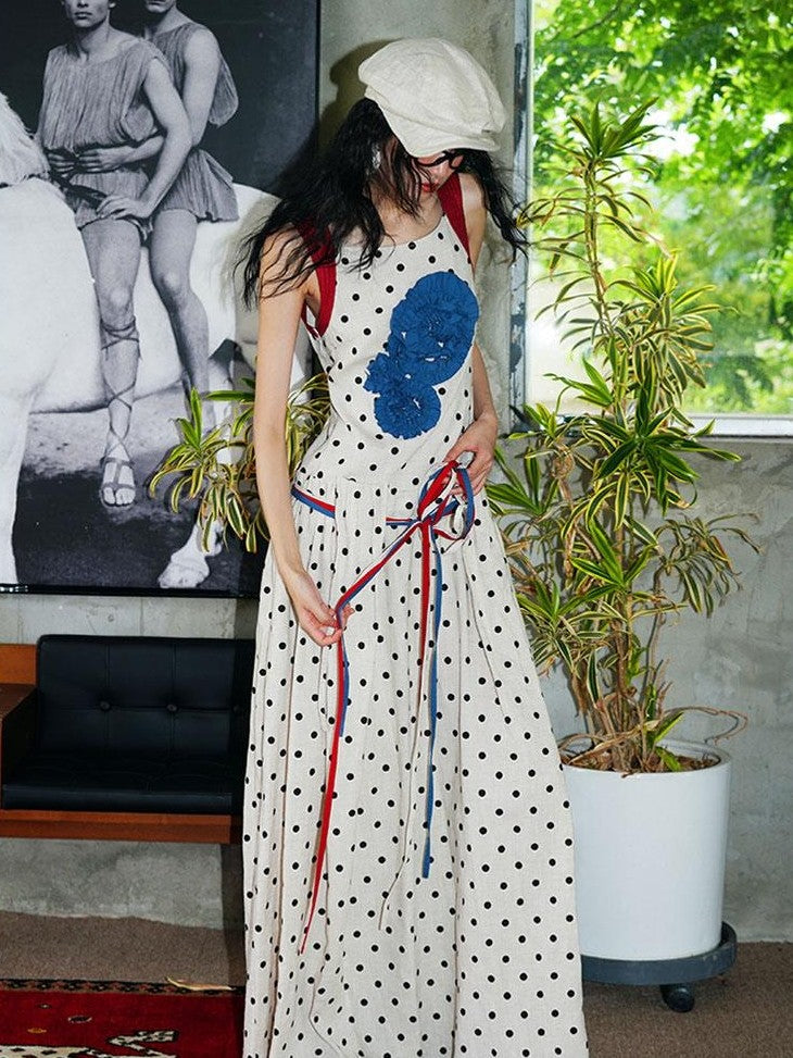 badtaste Western Polka Dot 3d Rosette Women's Linen Slip Maxi Dresses