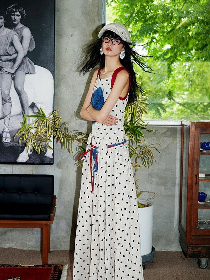 badtaste Western Polka Dot 3d Rosette Women's Linen Slip Maxi Dresses