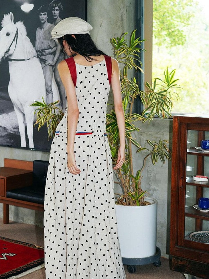 badtaste Western Polka Dot 3d Rosette Women's Linen Slip Maxi Dresses