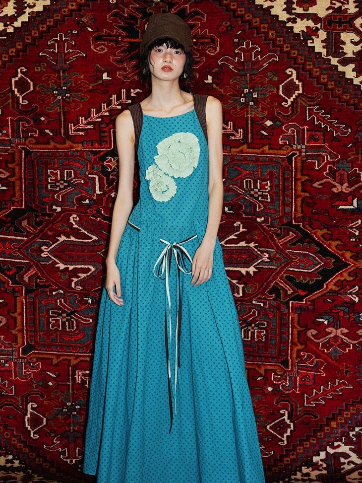 badtaste Western Polka Dot 3d Rosette Women's Linen Slip Maxi Dresses