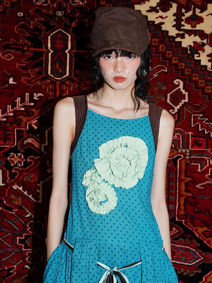 badtaste Western Polka Dot 3d Rosette Women's Linen Slip Maxi Dresses