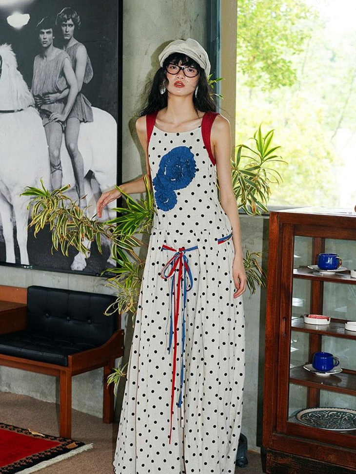 badtaste Western Polka Dot 3d Rosette Women's Linen Slip Maxi Dresses