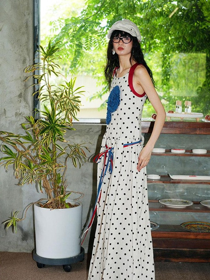 badtaste Western Polka Dot 3d Rosette Women's Linen Slip Maxi Dresses
