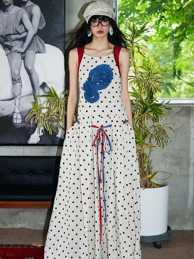 badtaste Western Polka Dot 3d Rosette Women's Linen Slip Maxi Dresses