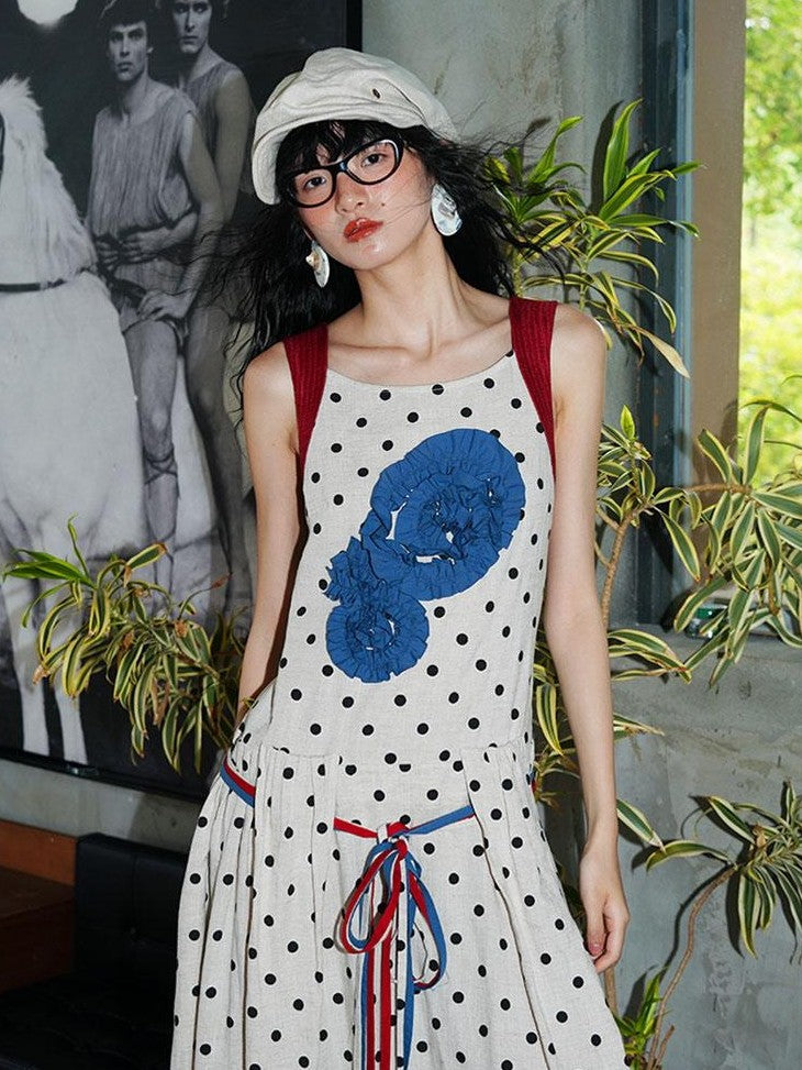 badtaste Western Polka Dot 3d Rosette Women's Linen Slip Maxi Dresses