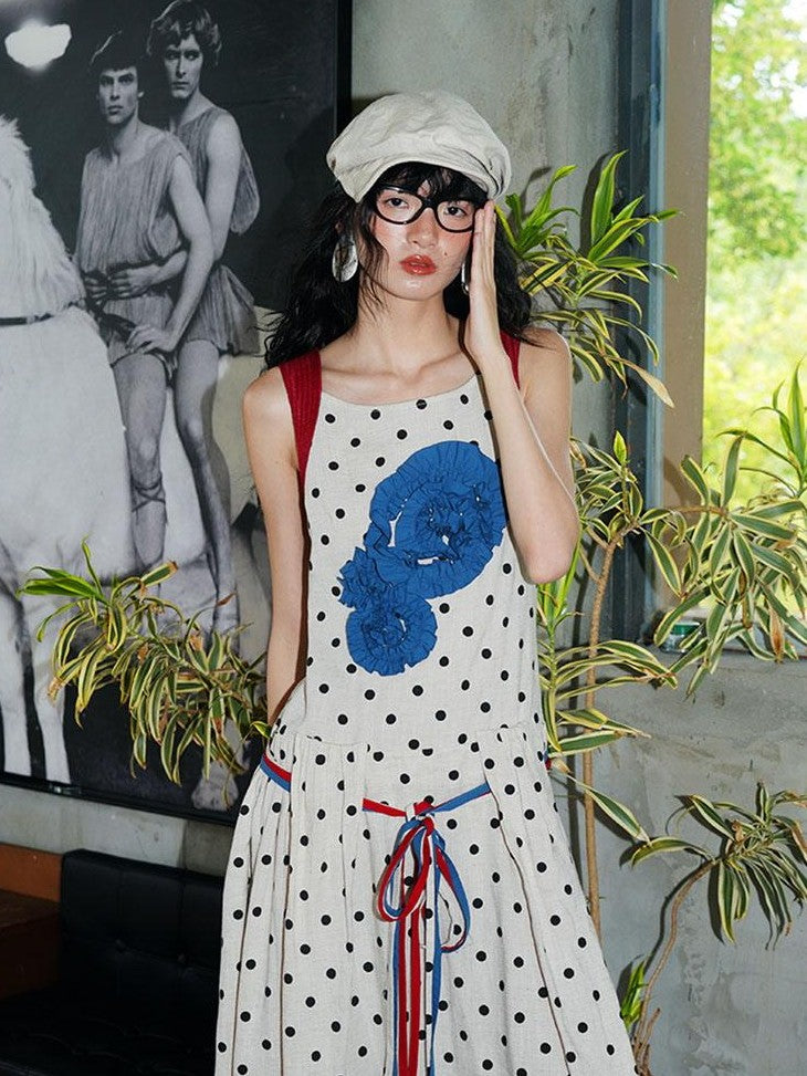 badtaste Western Polka Dot 3d Rosette Women's Linen Slip Maxi Dresses