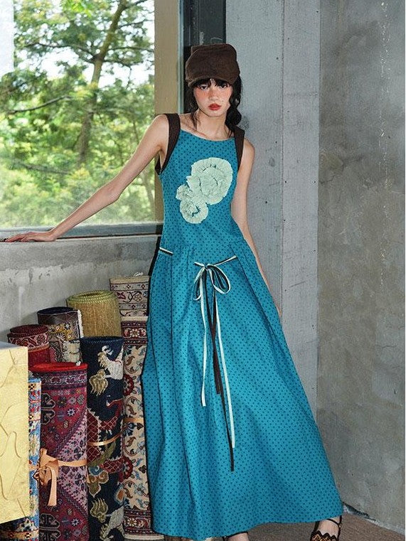 badtaste Western Polka Dot 3d Rosette Women's Linen Slip Maxi Dresses