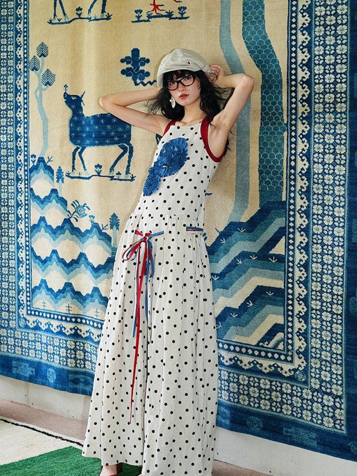 badtaste Western Polka Dot 3d Rosette Women's Linen Slip Maxi Dresses